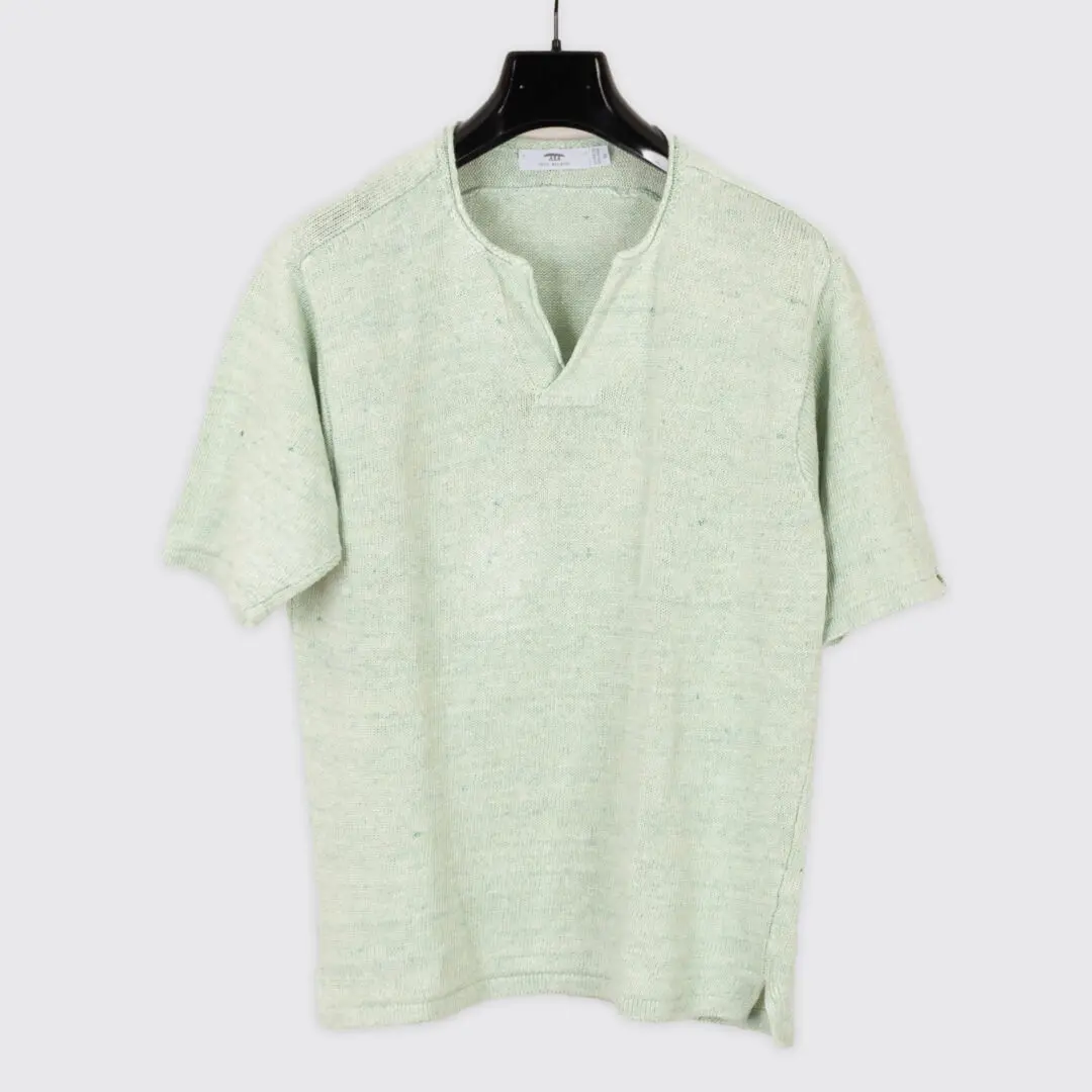 Inis Meain Deep Placket Polo Size M Knit Linen Mint Green Sweater