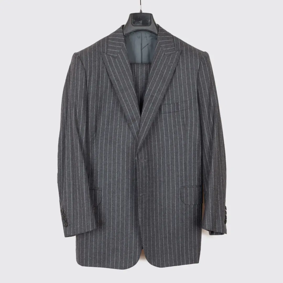 Leonard Logsdail Bespoke Suit US36 Gray Flannel Stripe Peak Lapel