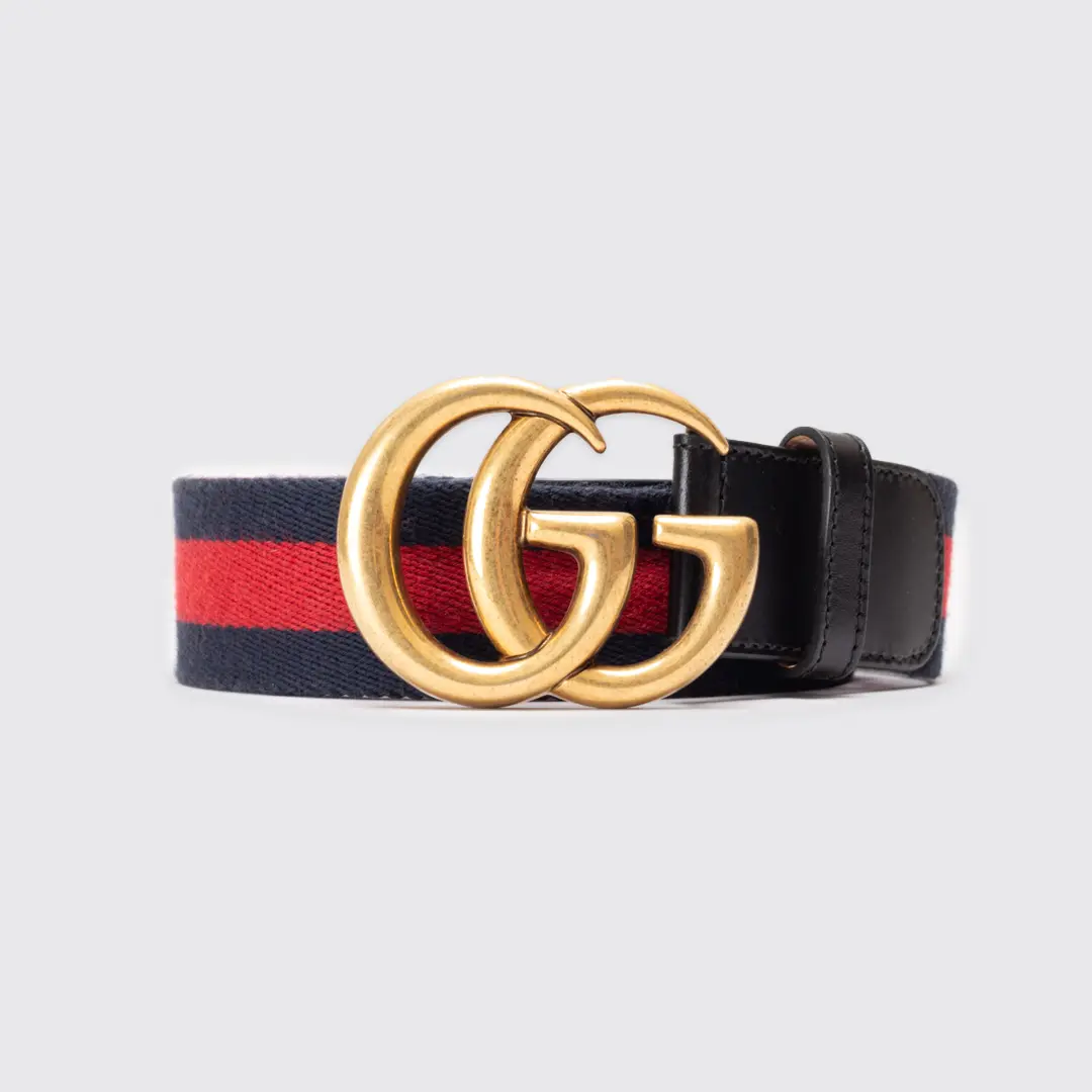 Gucci blue and red web belt with double G logo, model no. 409416