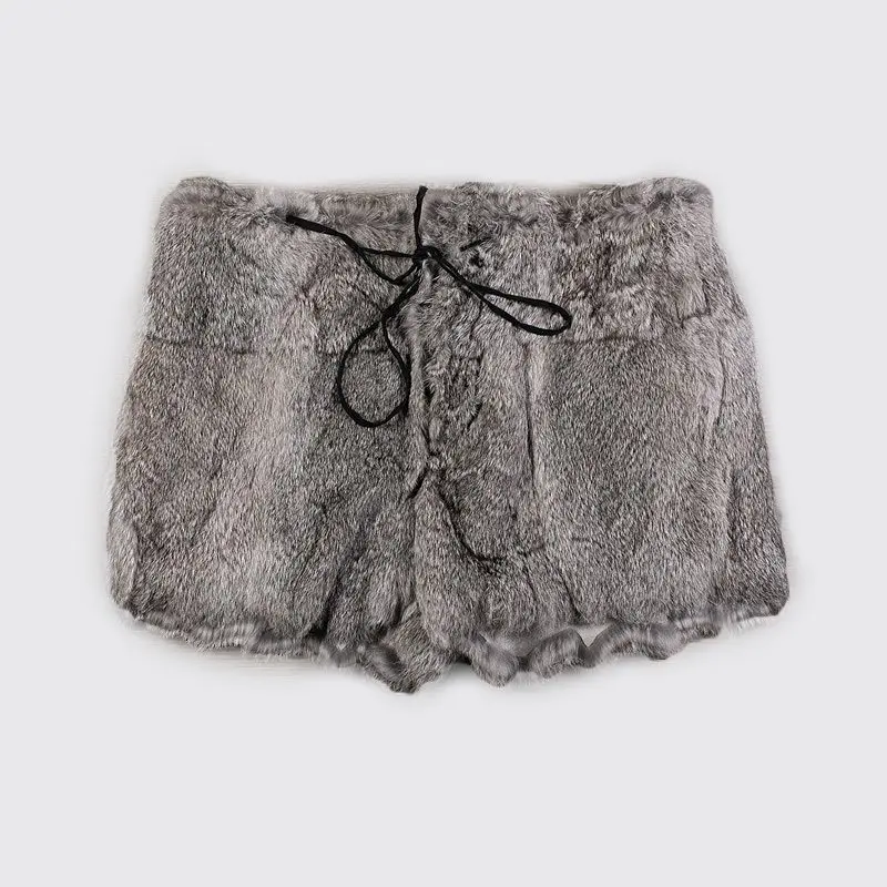 Number (n)ine designer shorts with button fly, genuine rabbit fur fabrics, canvas lining, gray color, solid pattern, regular fit, all season weight, made in Japan.