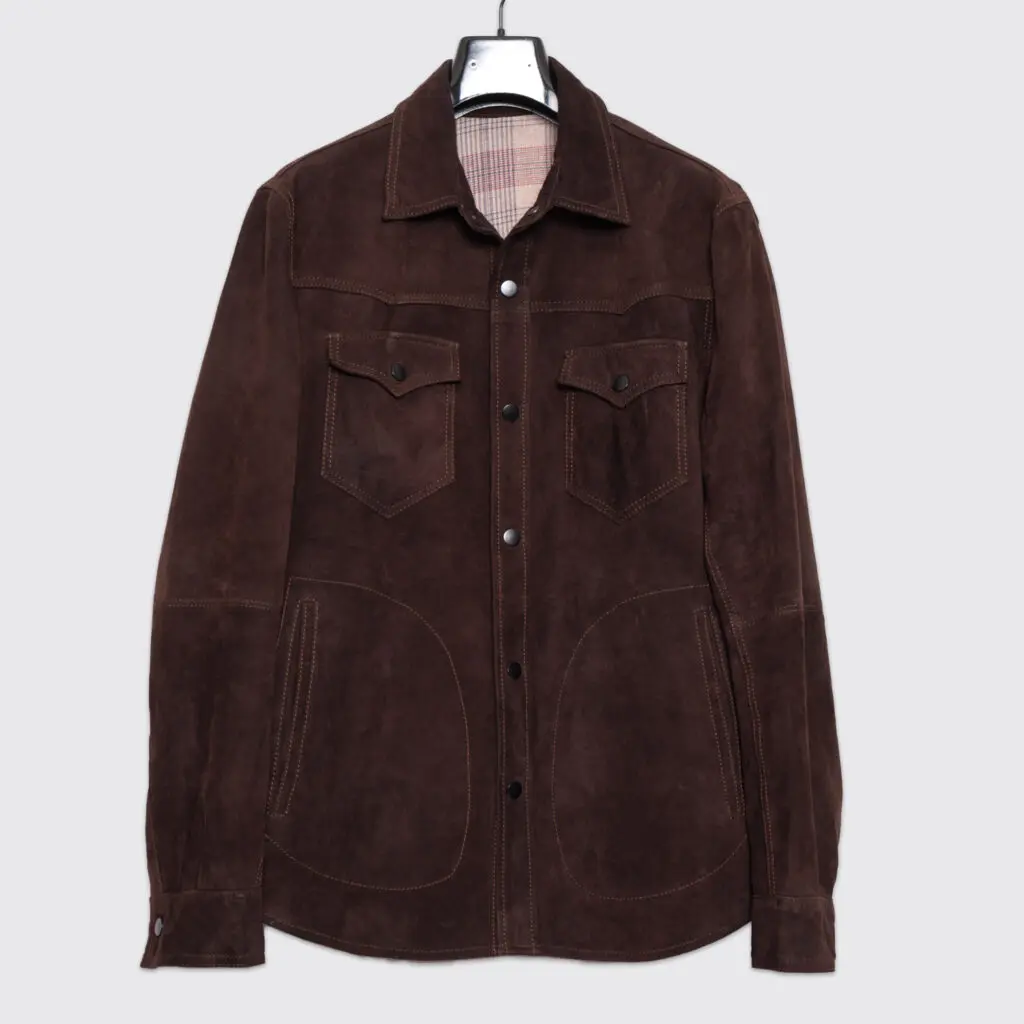 Overland men's Sawyer shirt jacket in chocolate brown suede