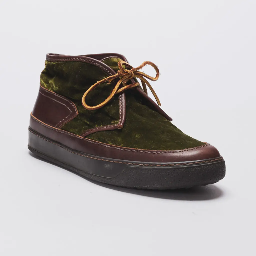 Pola Chukka by Yuketen in green velvet with brown leather