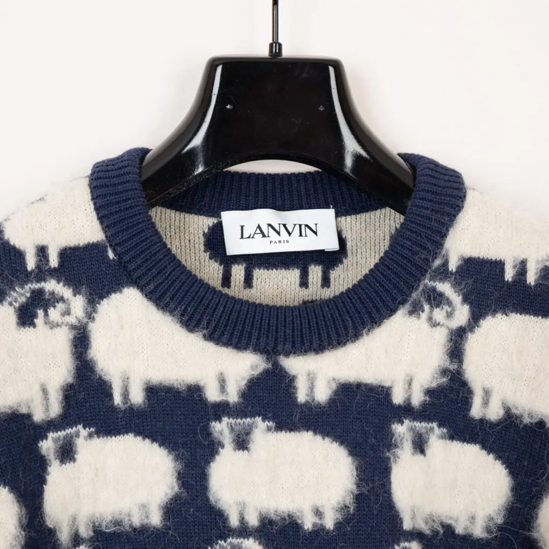 Lanvin Paris Jacquard Men Cream and Navy Crewneck Sheep Sweater