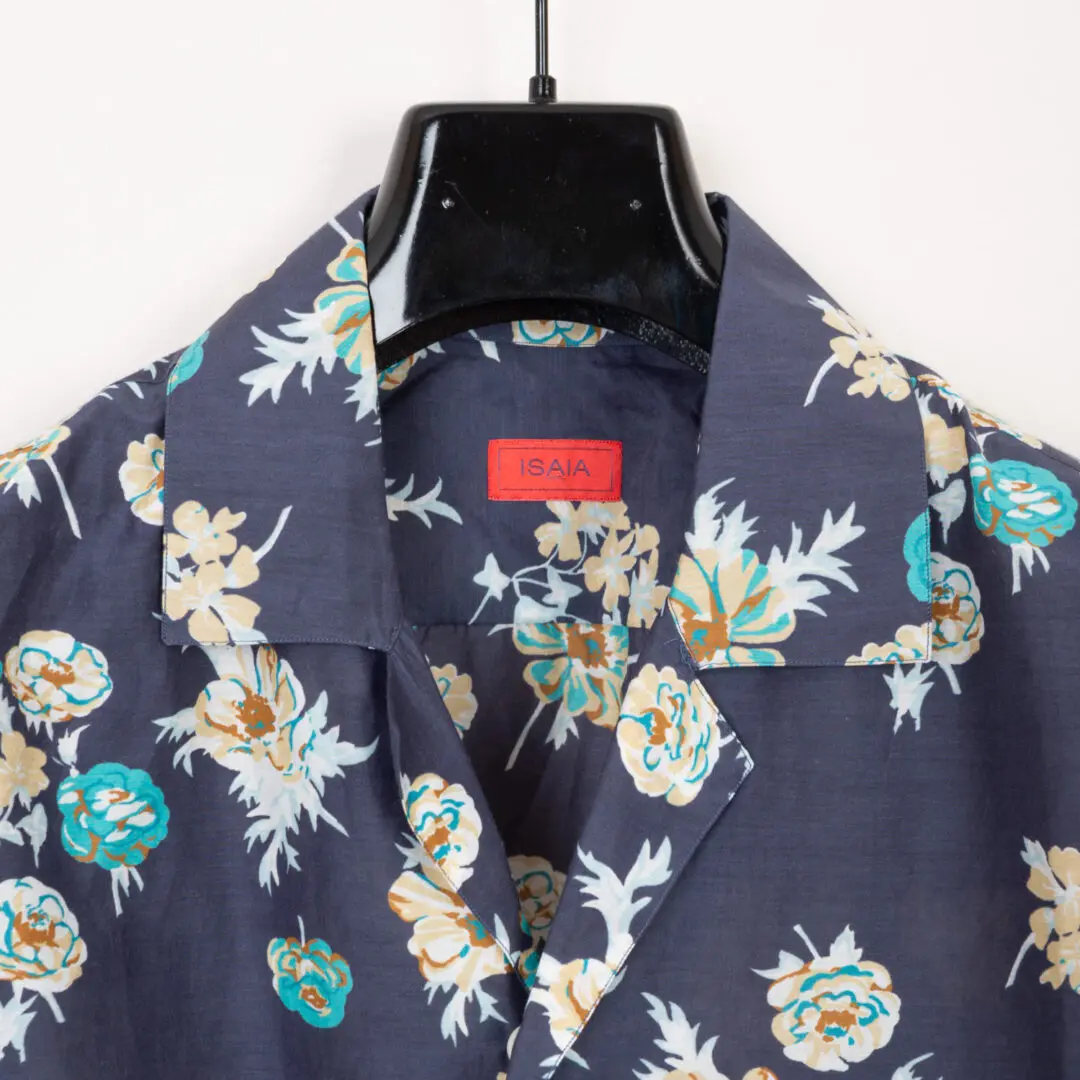 Isaia Napoli Camp Collar Shirt Size 42cm Blue Cotton Silk Floral