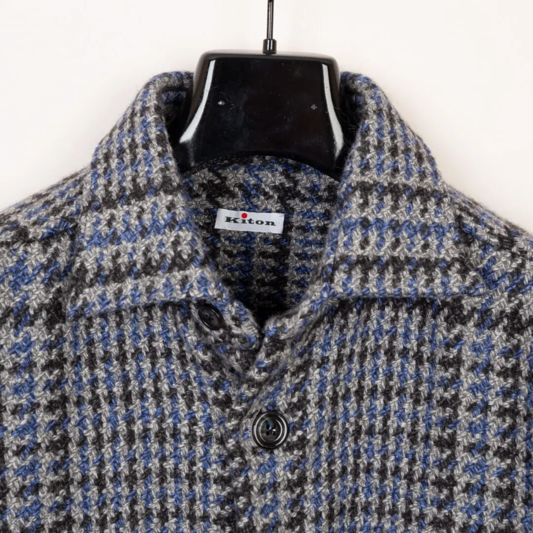 Kiton Cashmere Overshirt Size L Knit Gray Black Blue Houndstooth