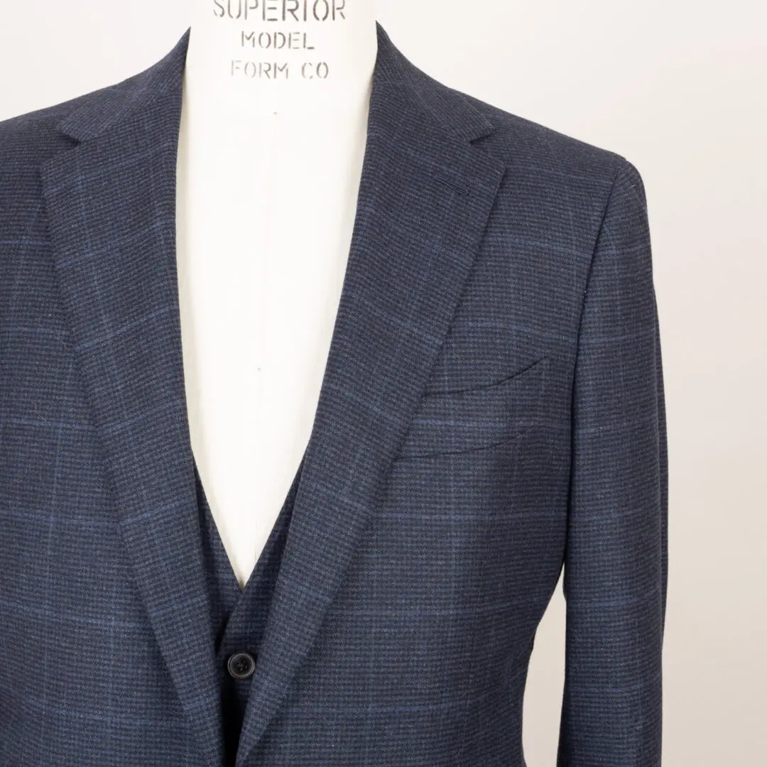 Beckenstein Bespoke 3-Piece Suit Size 36 Navy Check Wool Flannel