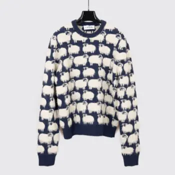 Lanvin Paris Jacquard Men Cream and Navy Crewneck Sheep Sweater