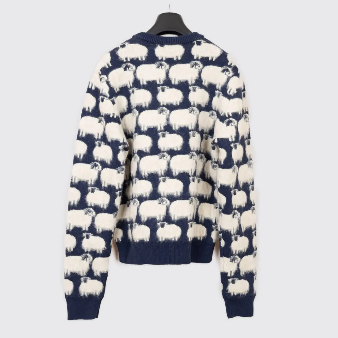 Lanvin Paris Jacquard Men Cream and Navy Crewneck Sheep Sweater