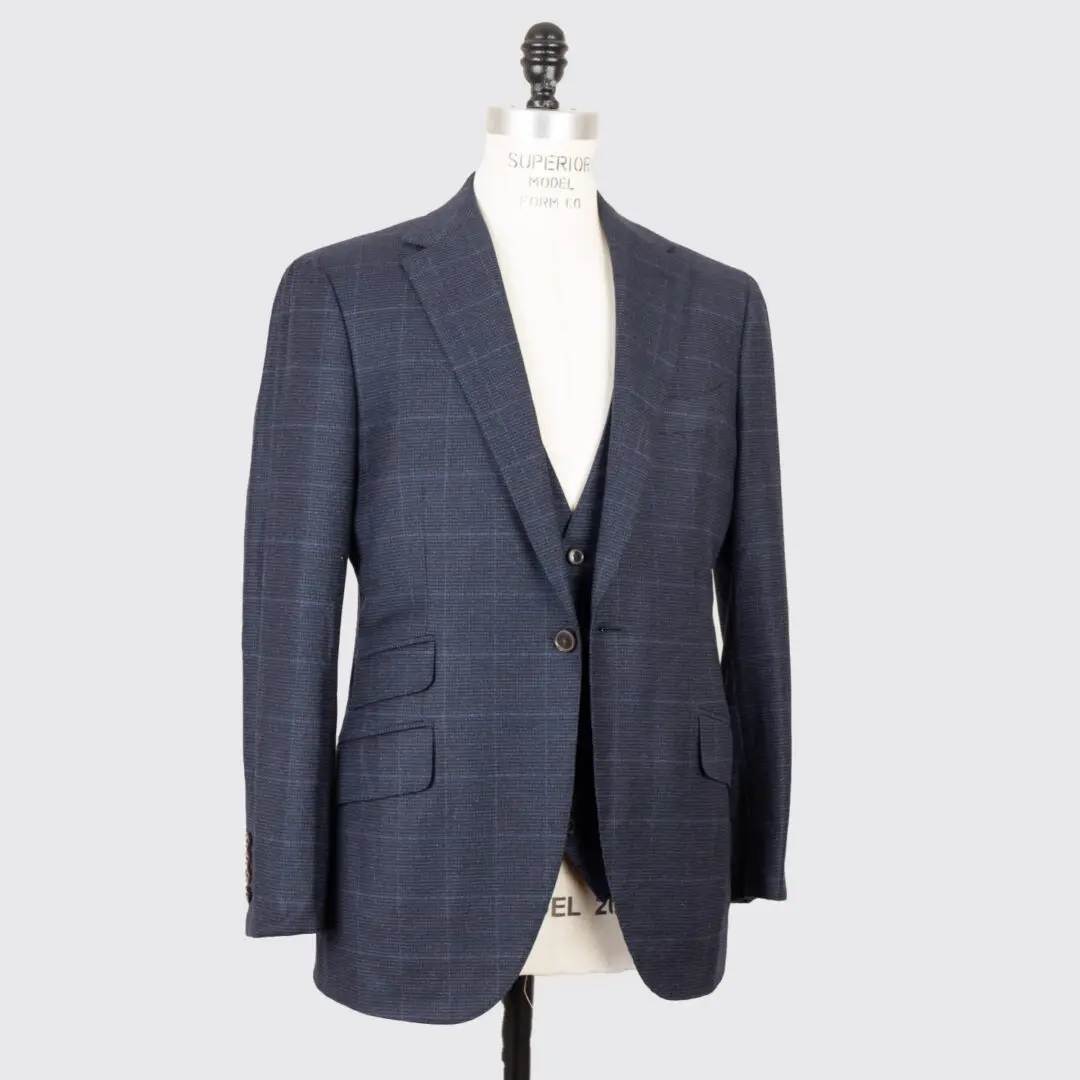 Beckenstein Bespoke 3-Piece Suit Size 36 Navy Check Wool Flannel