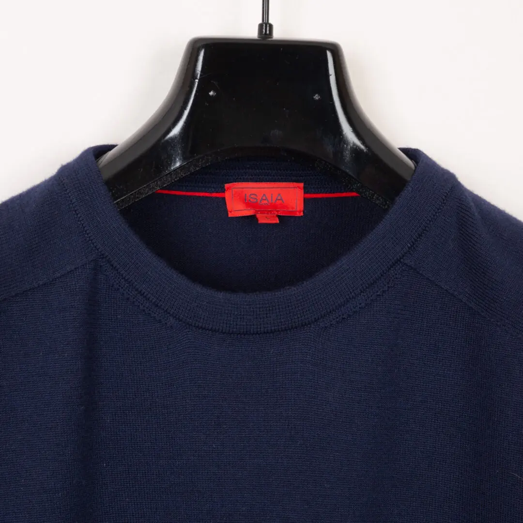 Isaia Napoli Sweater Solid Navy Blue Lightweight Crew Iconico