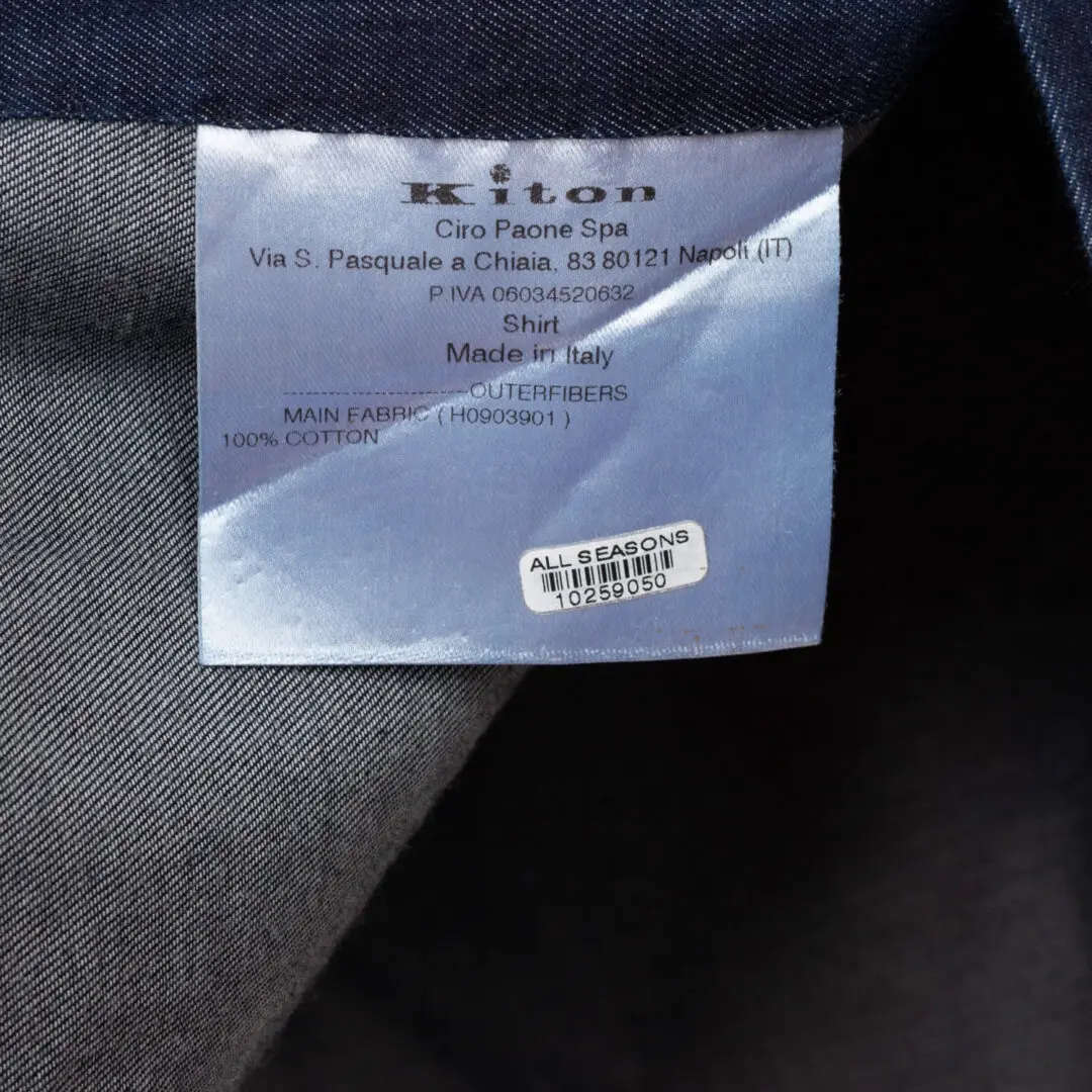 Kiton Napoli Dress Shirt Size 16.5 Handsewn Cotton Indigo Denim