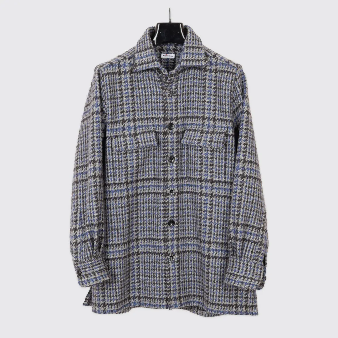 Kiton Cashmere Overshirt Size L Knit Gray Black Blue Houndstooth