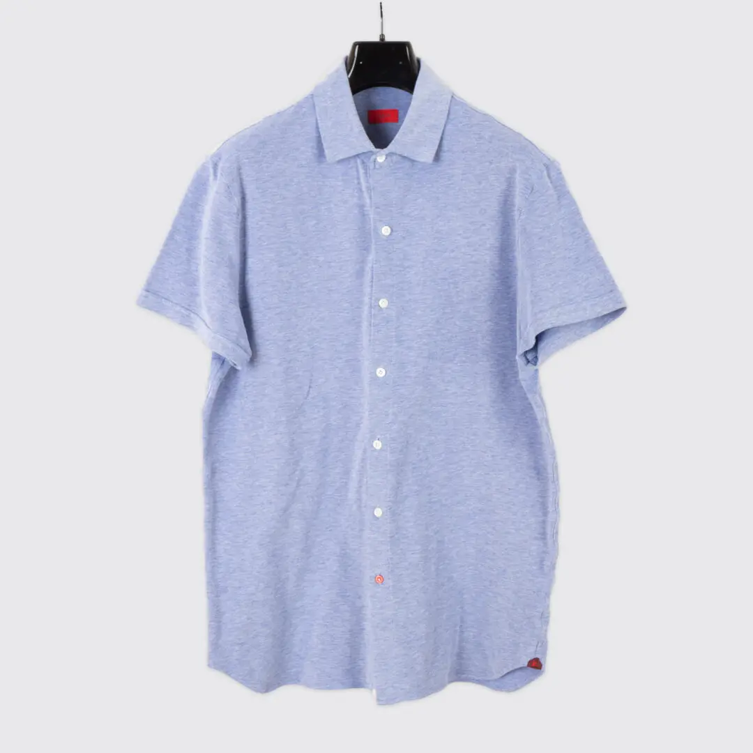 Isaia Napoli Button Front Polo Shirt Size EU42 Light Blue Cotton