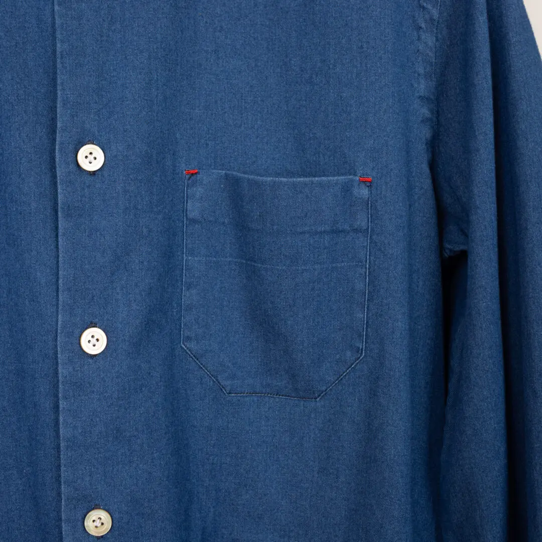 Kiton Nerano Shirt Blue Denim Size L Stretch Cotton with Pocket