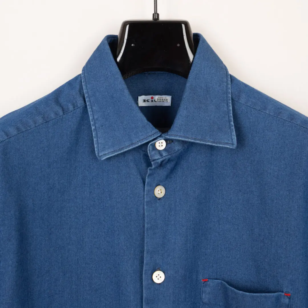 Kiton Nerano Shirt Blue Denim Size L Stretch Cotton with Pocket