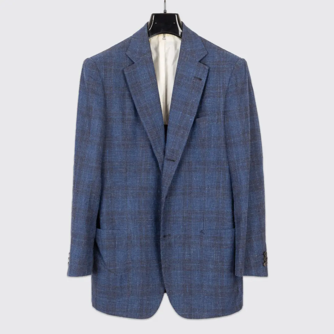 Rubinacci LH Napoli Jacket Size EU46 Blue Black Check Slub Linen