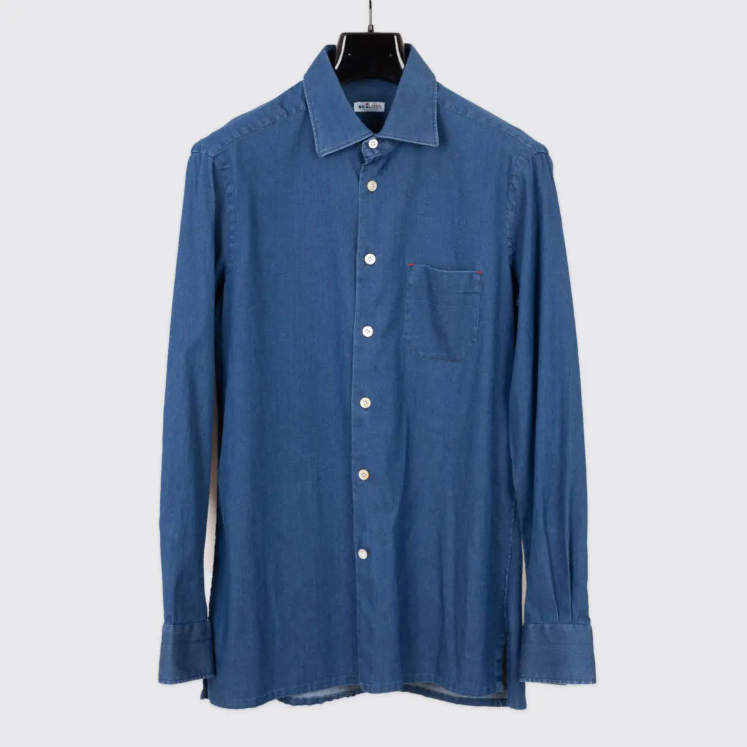 Kiton Nerano Shirt Blue Denim Size L Stretch Cotton with Pocket