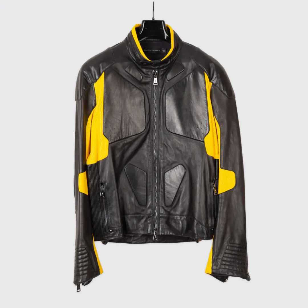 Ralph Lauren Black Label Sport Moto Jacket XL Black Yellow Lambskin