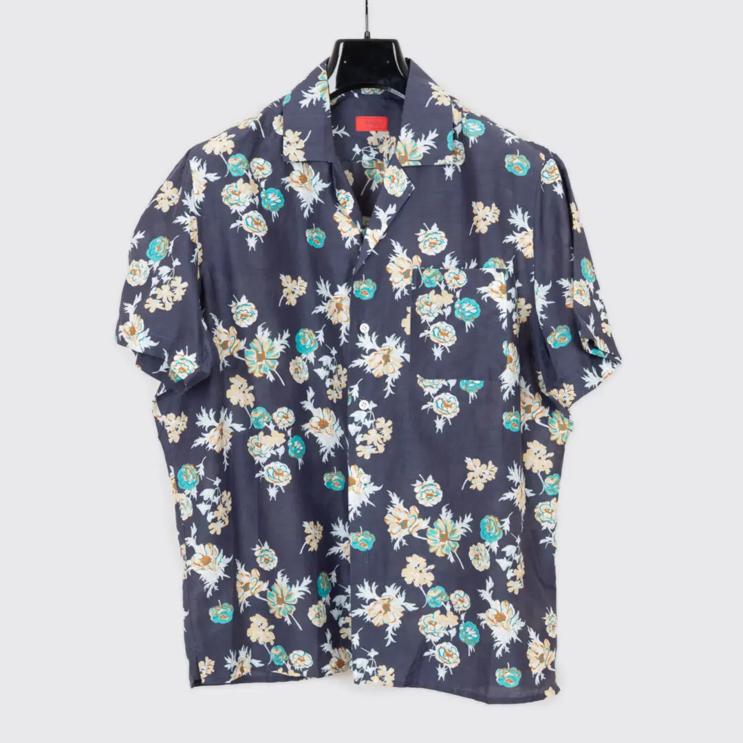 Isaia Napoli Camp Collar Shirt Size 42cm Blue Cotton Silk Floral