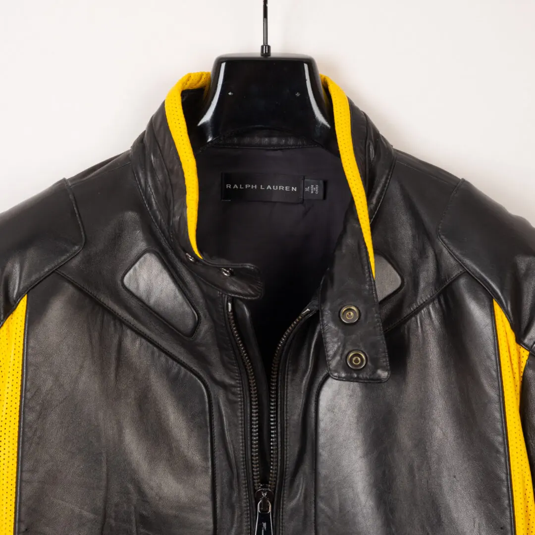 Ralph Lauren Black Label Sport Moto Jacket XL Black Yellow Lambskin