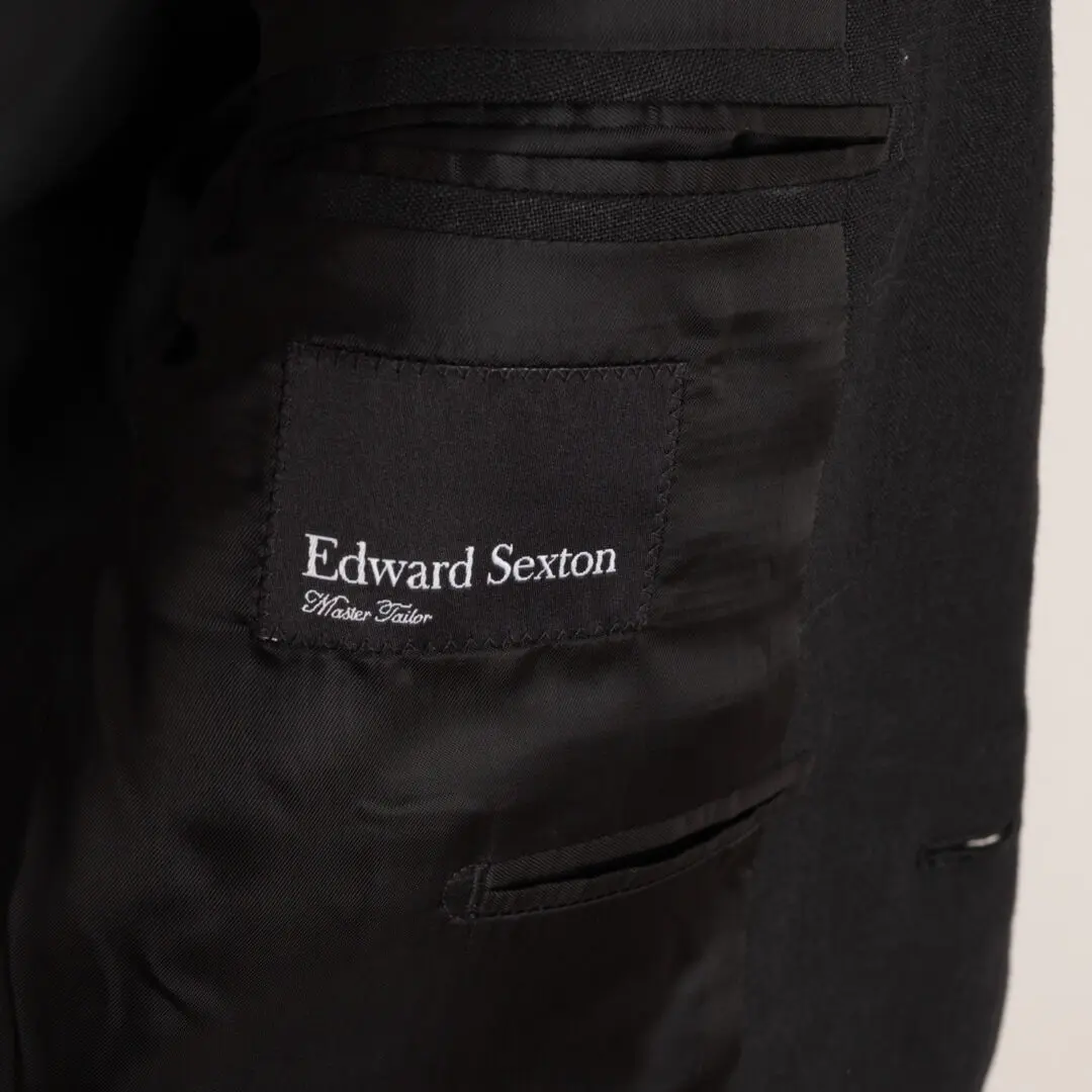 Edward Sexton Suit Size 38 Slim Black Linen One Button Peak Lapel