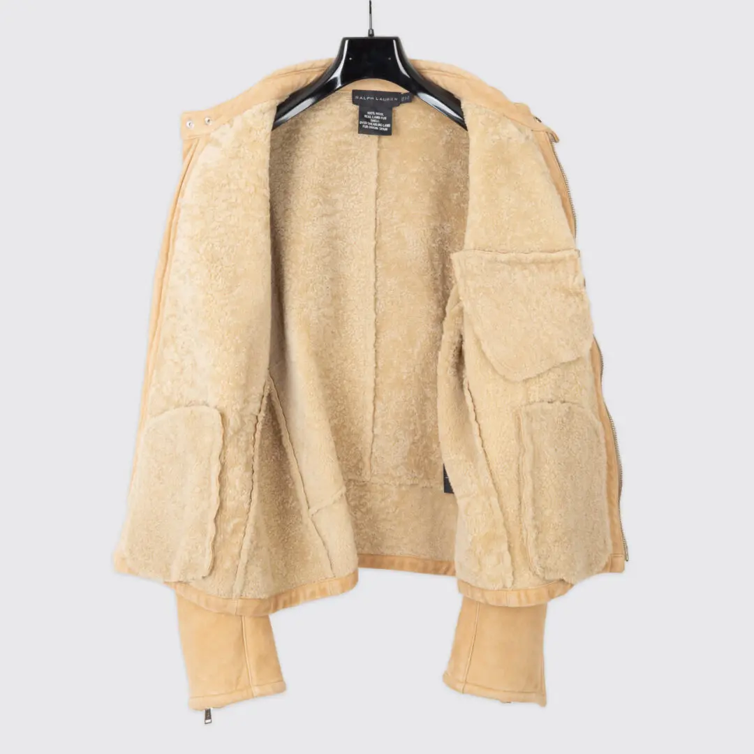 Ralph Lauren Black Label XXL Shearling Leather Moto Jacket Beige