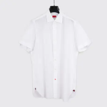 Isaia Short Sleeve Shirt Size 17 (43cm) White Tonal Stripe Cotton