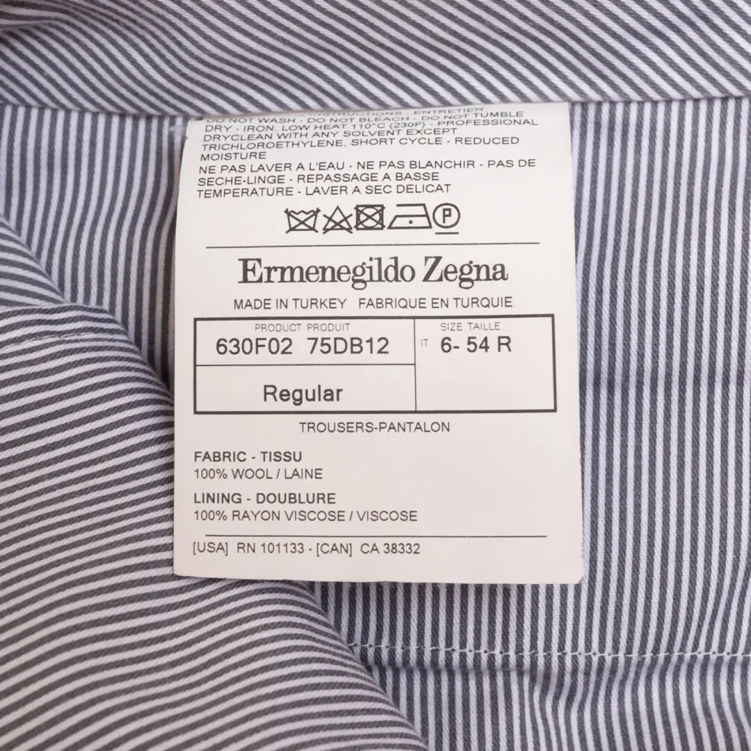 Ermenegildo Zegna Pants Size EU54 Charcoal Gray Wool Flat Front