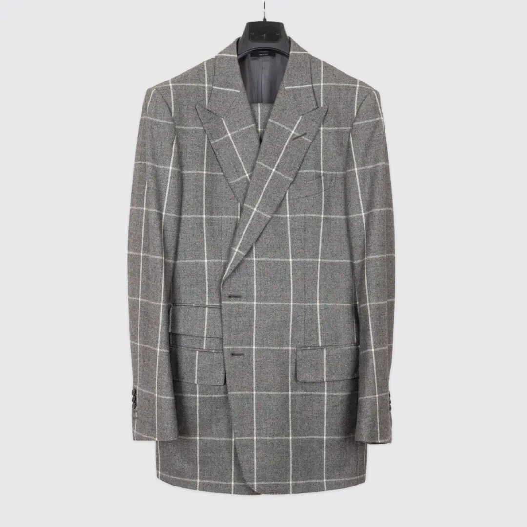 Tom Ford Suit Size EU56 L Gray Windowpane Check Wool Peak Lapel