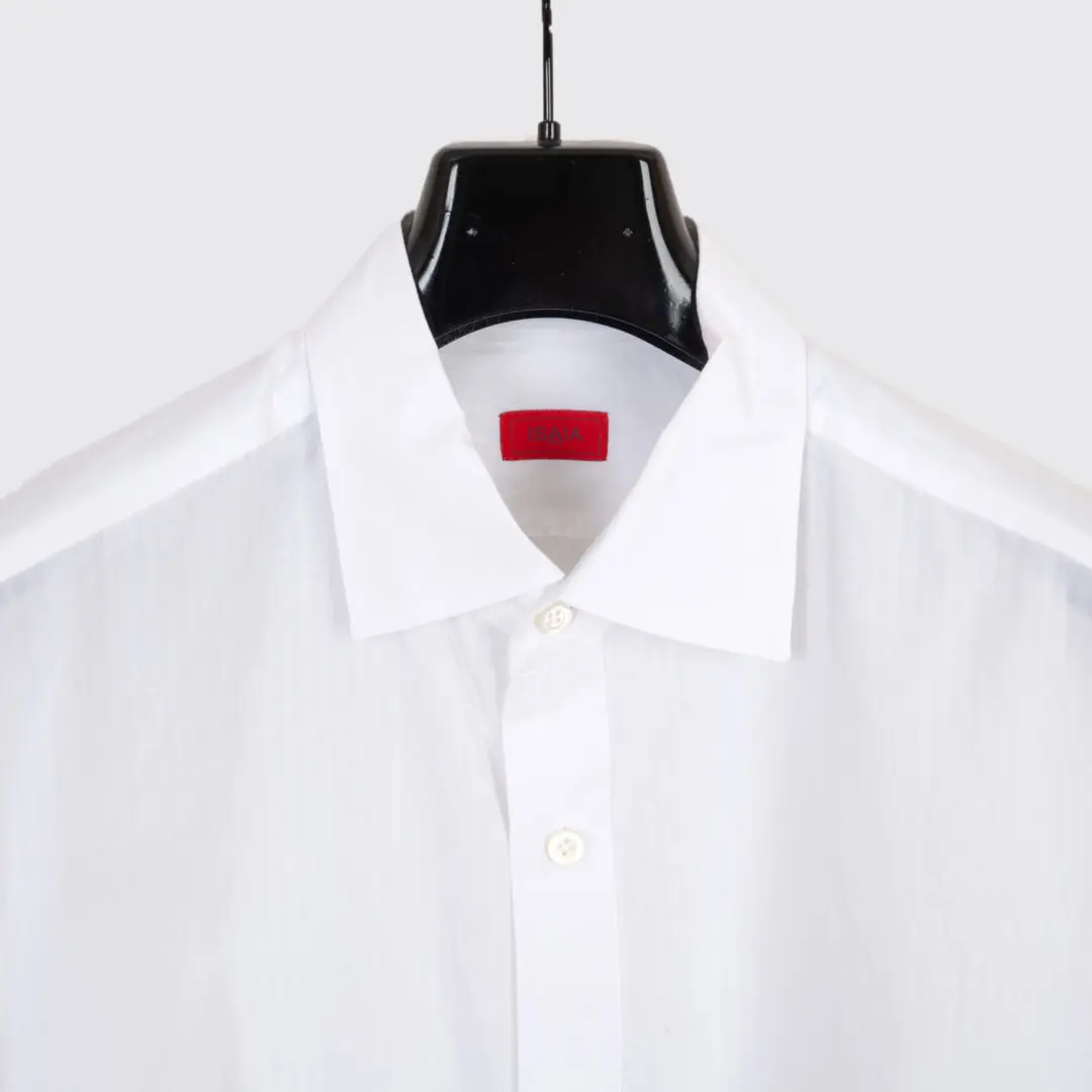 Isaia Short Sleeve Shirt Size 17 (43cm) White Tonal Stripe Cotton