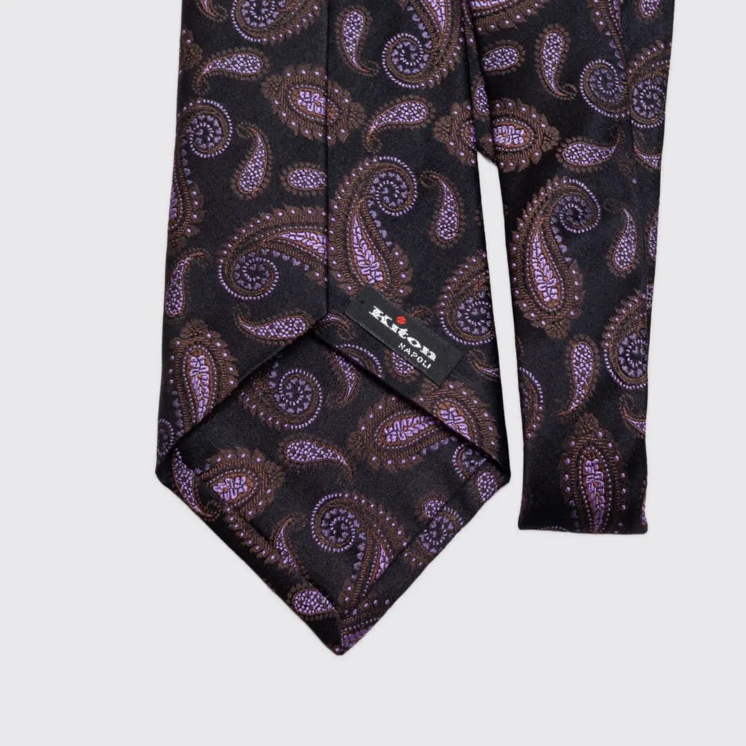 Kiton Napoli Tie Black Purple Paisley Print Silk Made in Italy
