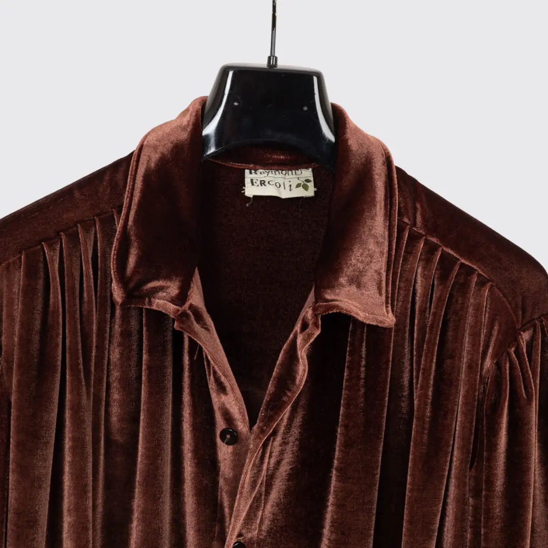 Ercoli Vintage Party Shirt XXL Men Bronze Brown Velvet with Pleats