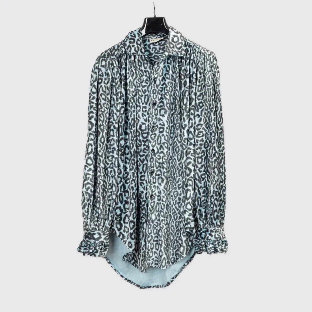 Raymond Ercoli Party Shirt XXL Men Light Blue Cheetah Print Velvet