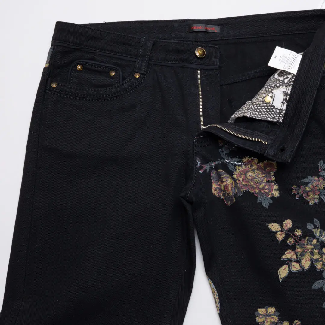 Roberto Cavalli Designer Jean W36 Black Multicolor Painted Cotton