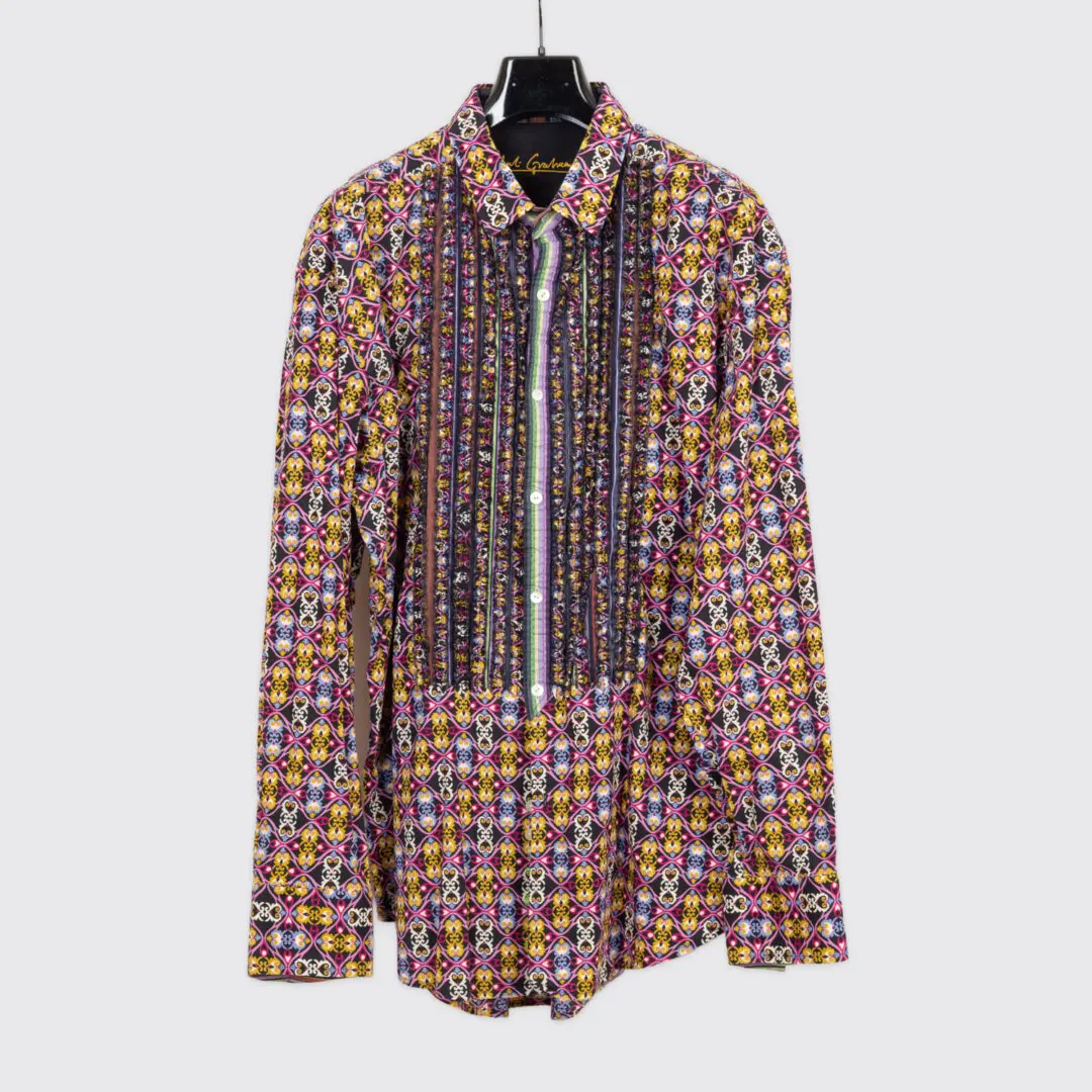 Robert Graham Tuxedo Shirt 3XL Abstract Multicolor Print Ruffle