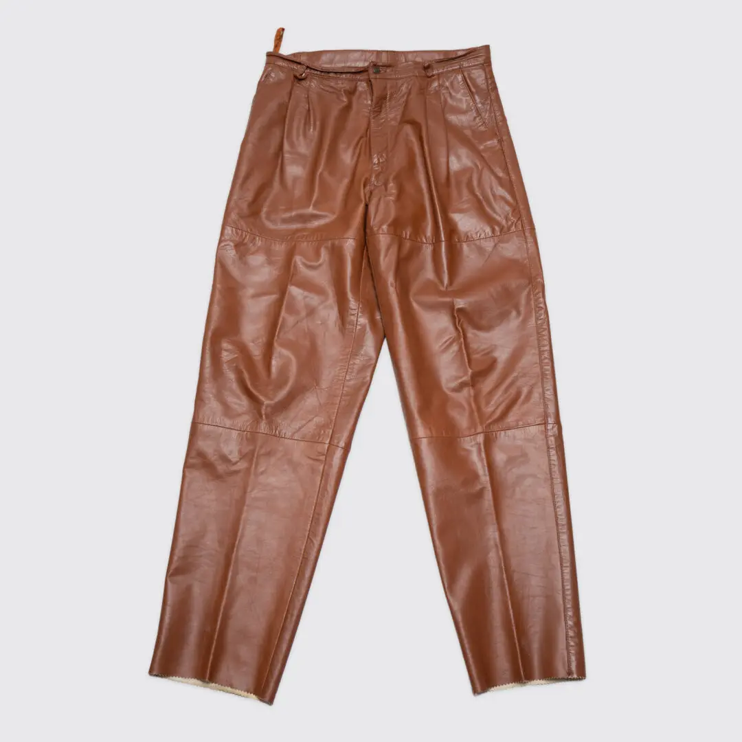 Bagazio Leather Pants W36 Men Brown Leather Pleated Front Trouser