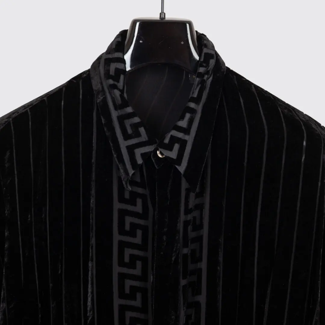 Ceta Italiano Shirt XXL Men Black Velvet Pinstripe Greek Key Print