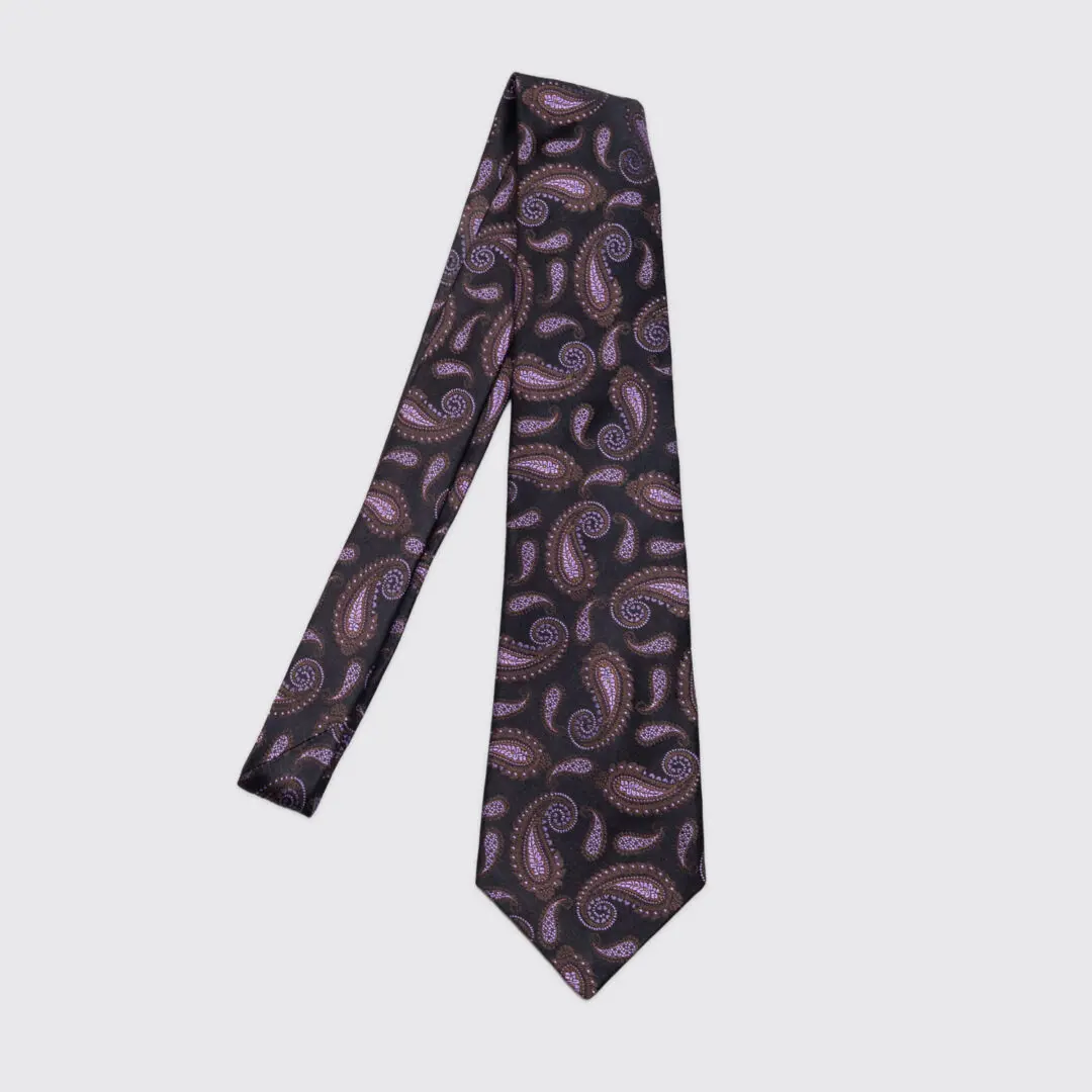 Kiton Napoli Tie Black Purple Paisley Print Silk Made in Italy