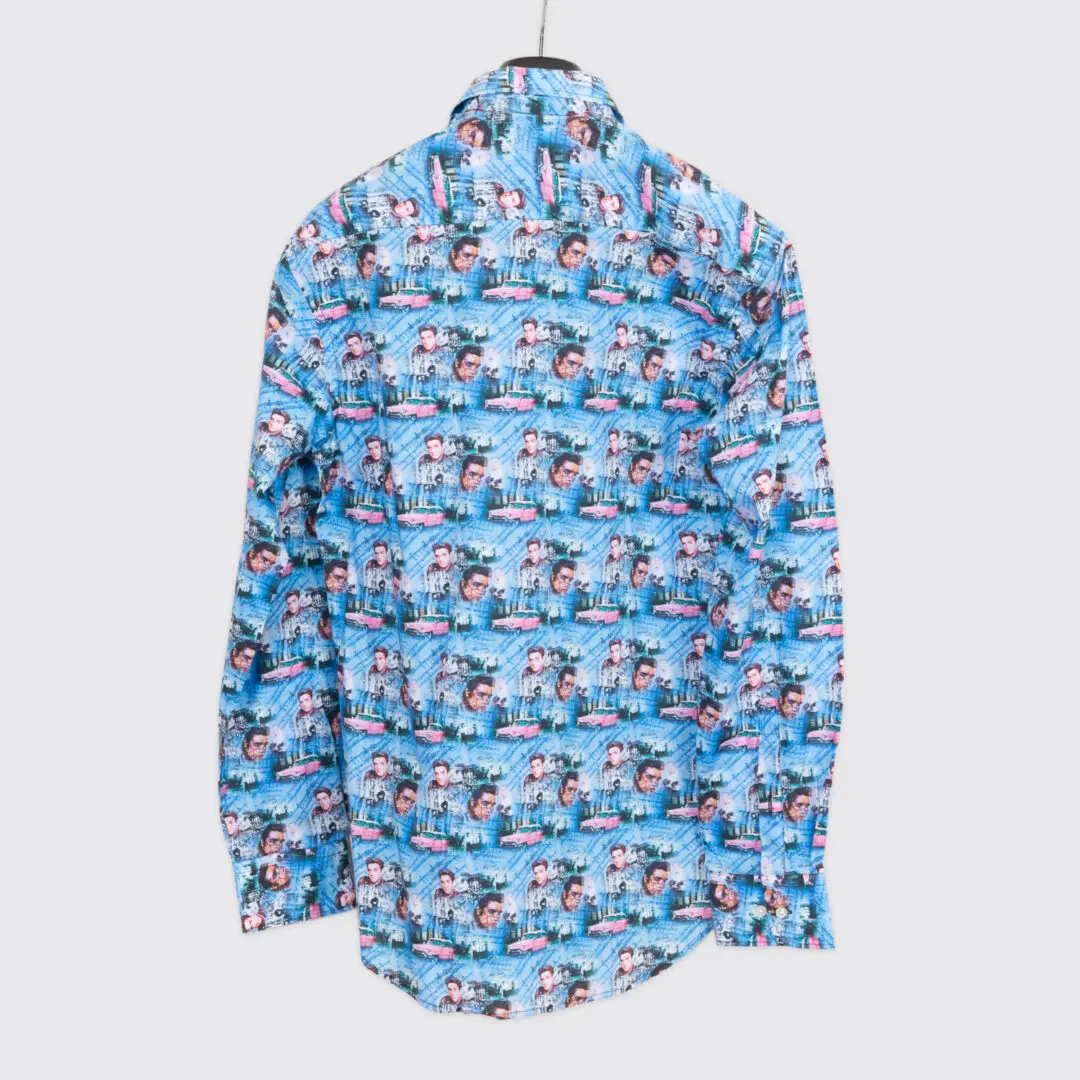 Lansky Bros Sport Shirt 3XL Blue Elvis Pink Cadillac Print Cotton