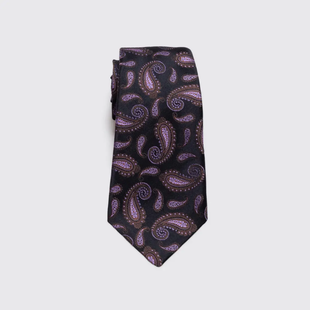 Kiton Napoli Tie Black Purple Paisley Print Silk Made in Italy