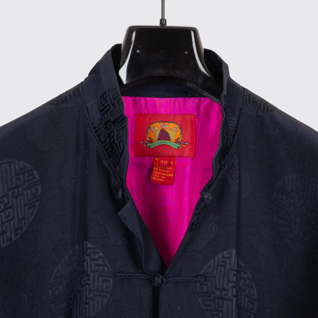 Shanghai Tang Mandarin Jacket US46 Men Black Silk Oriental Print