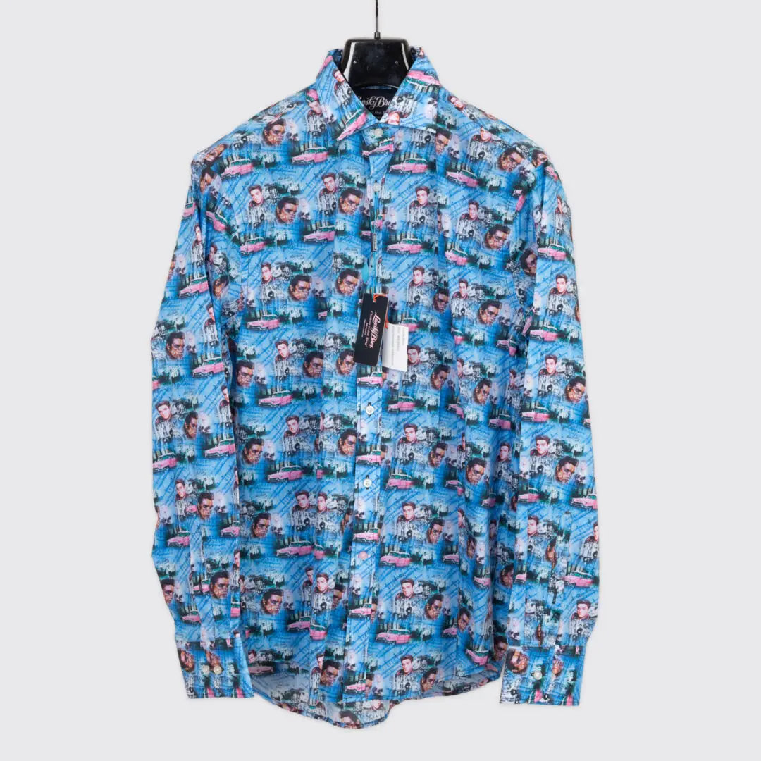Lansky Bros Sport Shirt 3XL Blue Elvis Pink Cadillac Print Cotton