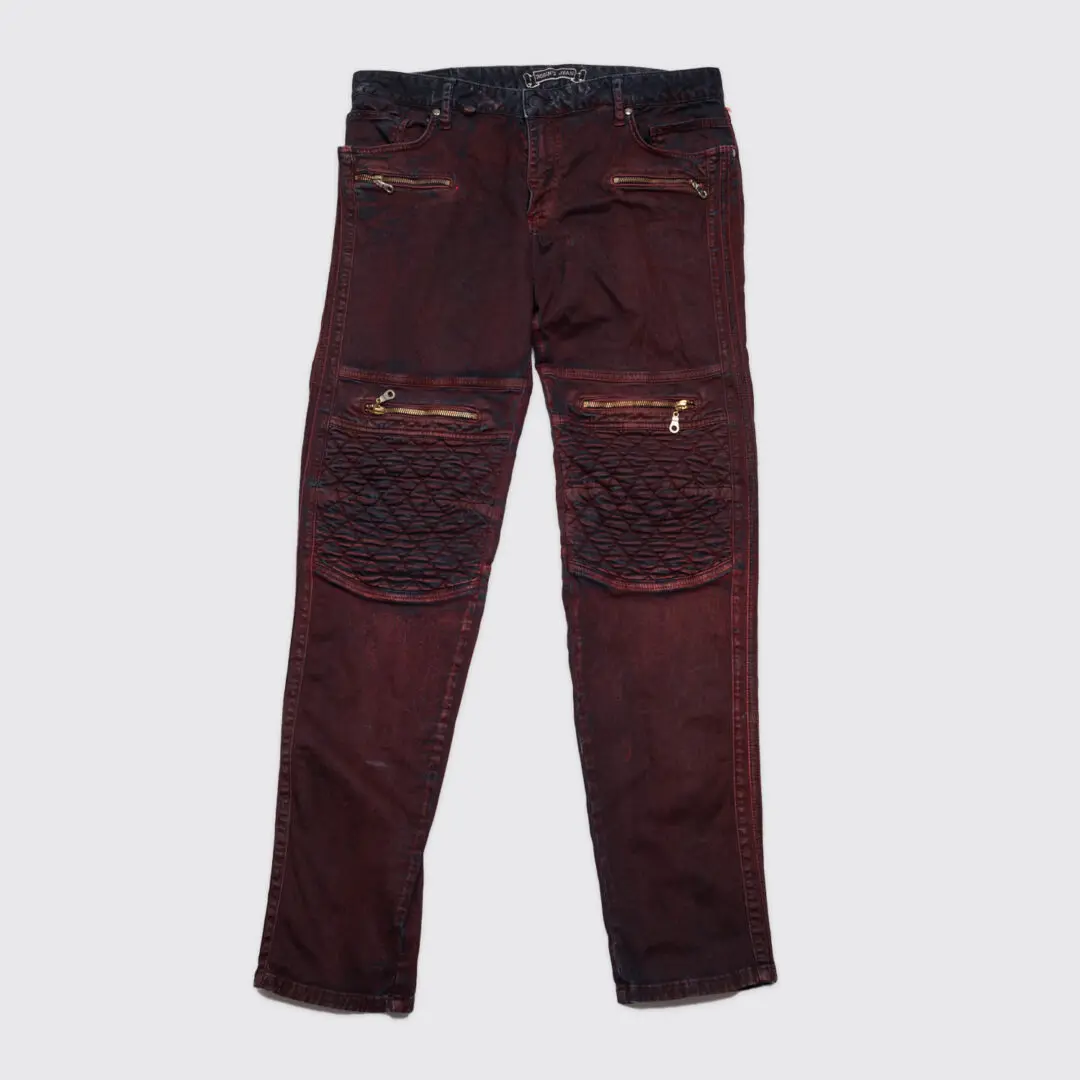 Robin's Jeans Motorcycle W36 Red Black Coated Cotton with Zippers