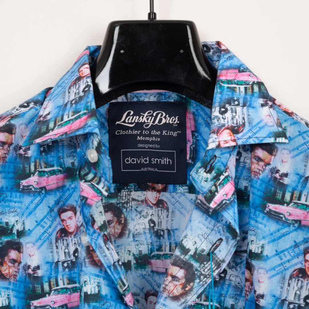 Lansky Bros Sport Shirt 3XL Blue Elvis Pink Cadillac Print Cotton