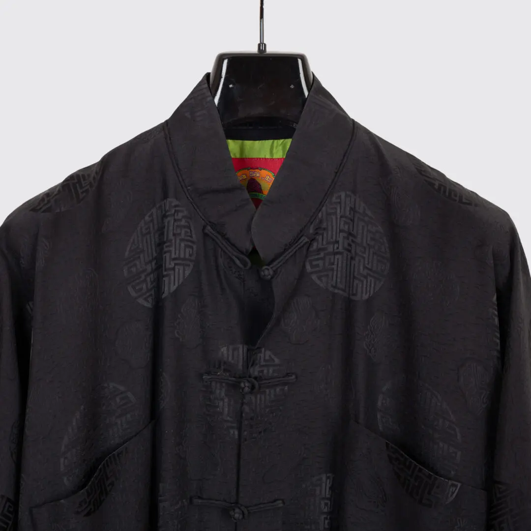 Shanghai Tang Mandarin Jacket US46 Men Black Oriental Print Silk