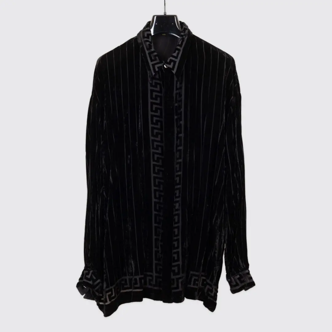 Ceta Italiano Shirt XXL Men Black Velvet Pinstripe Greek Key Print