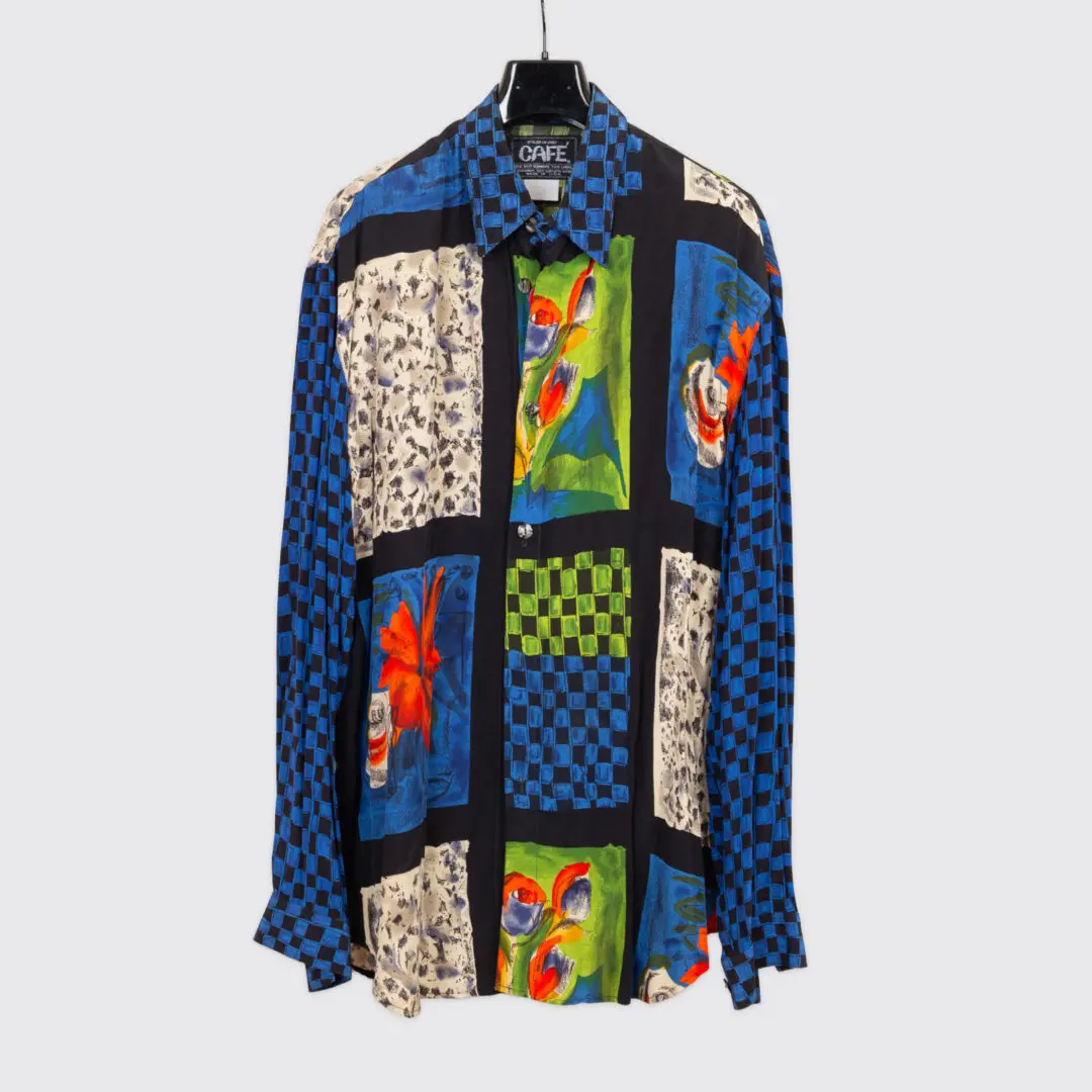 Café Shirt Size 3XL Black Blue Abstract Print Rayon Lightweight