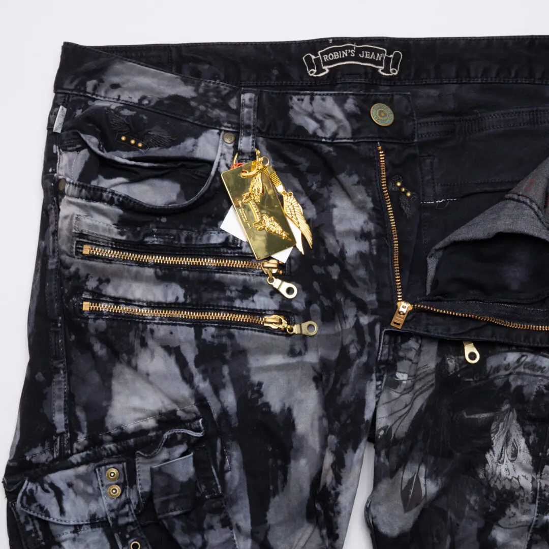 Robin's Jeans Raptor Motorcycle W36 Black Bleach Dyed Zipper Pocket