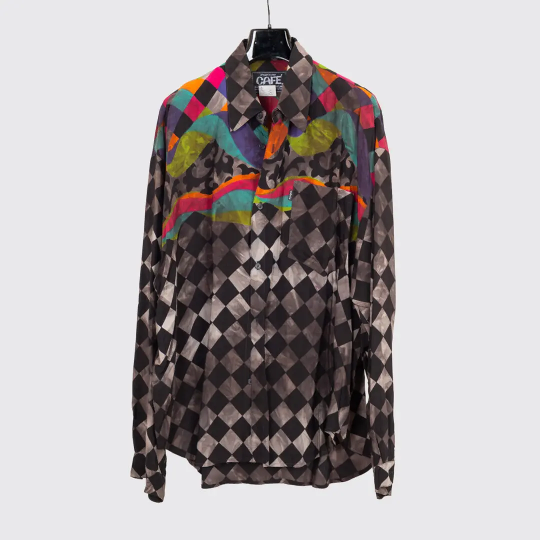 Café Shirt 2XL Black Gray Multicolor Checkerboard Print Rayon