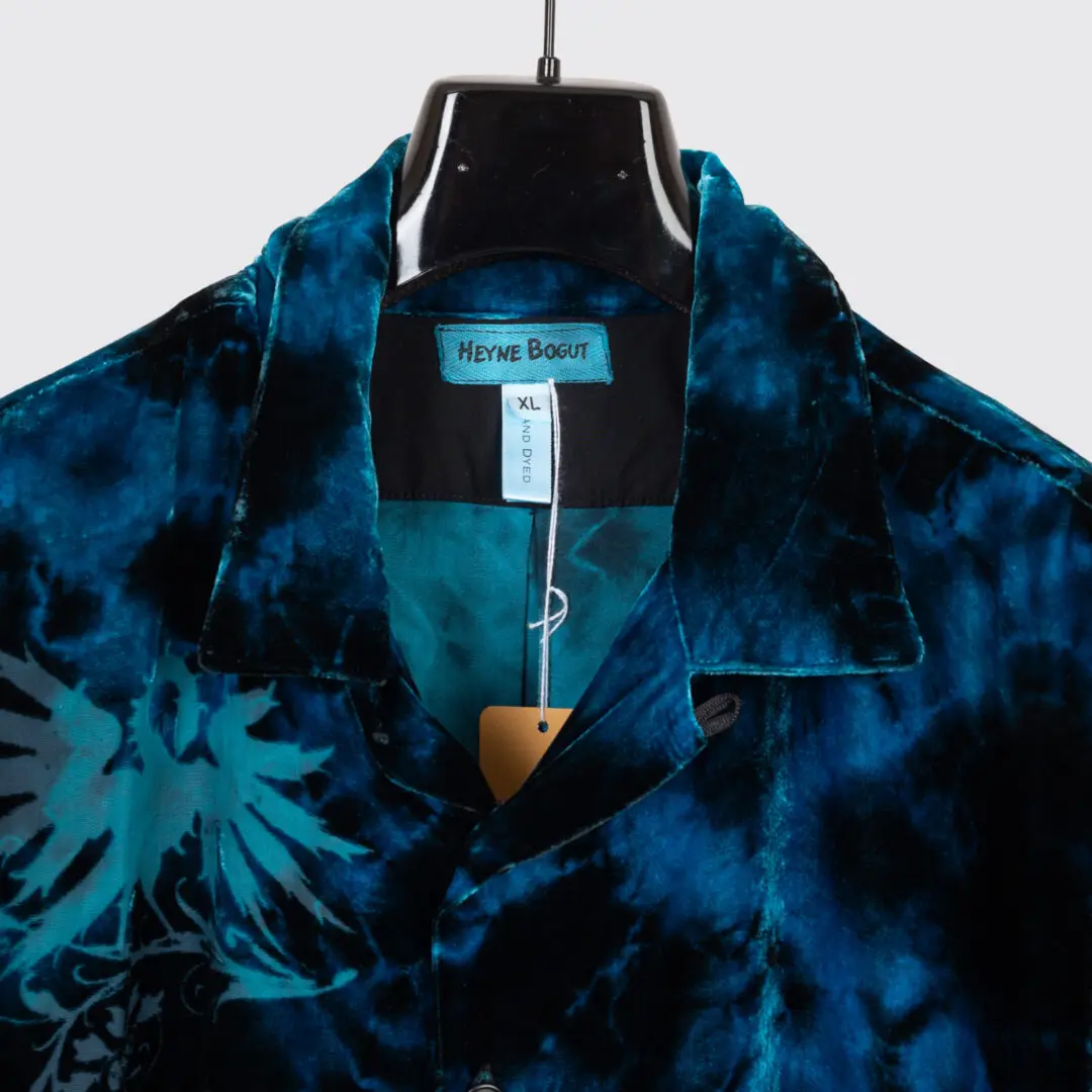 Heyne Bogut Shirt Size XL Men Black Teal Crushed Velvet Hand Dyed